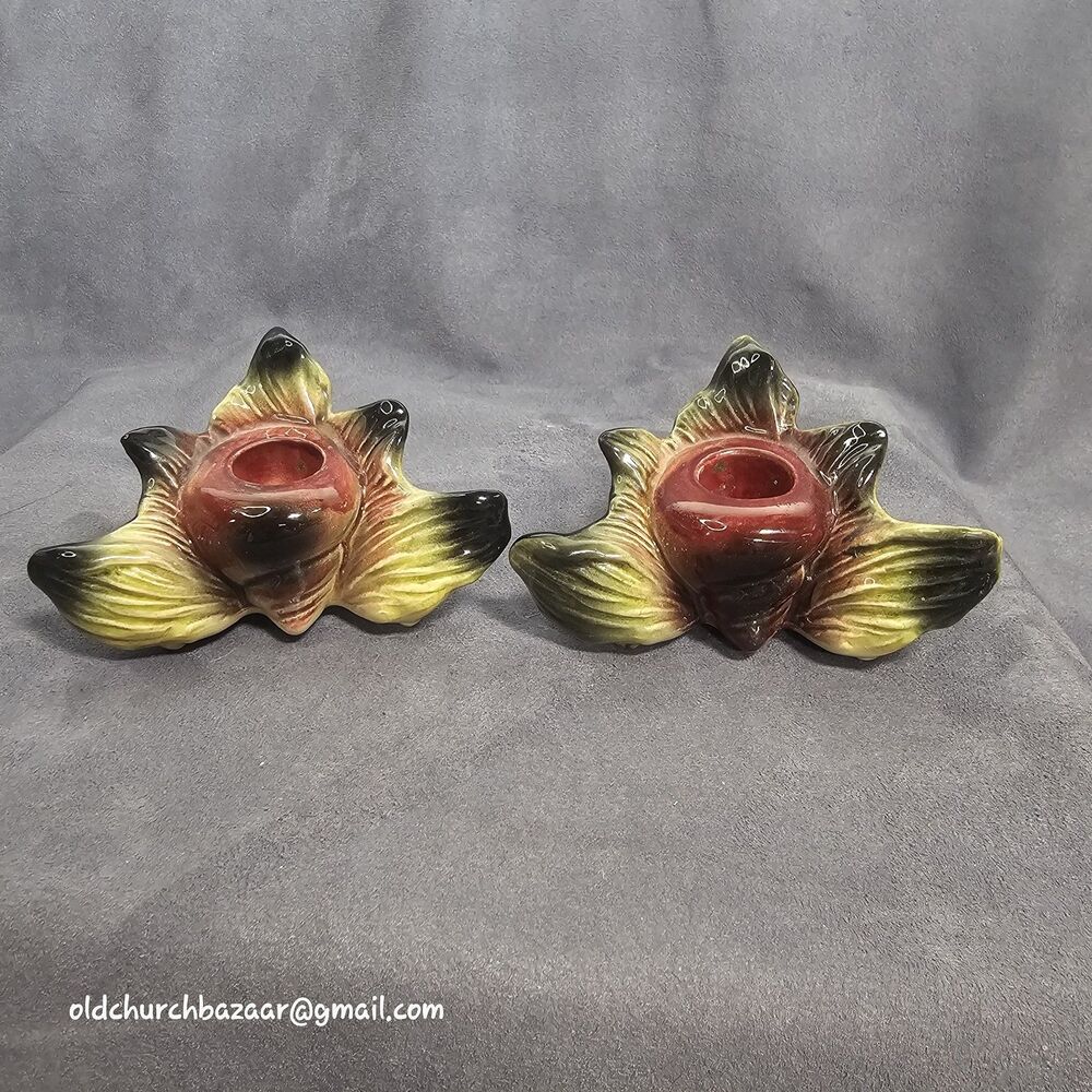 Vintage Hull Pottery USA Ebb Tide Candle Holders Red Sea Shell Ceramic Mermaid